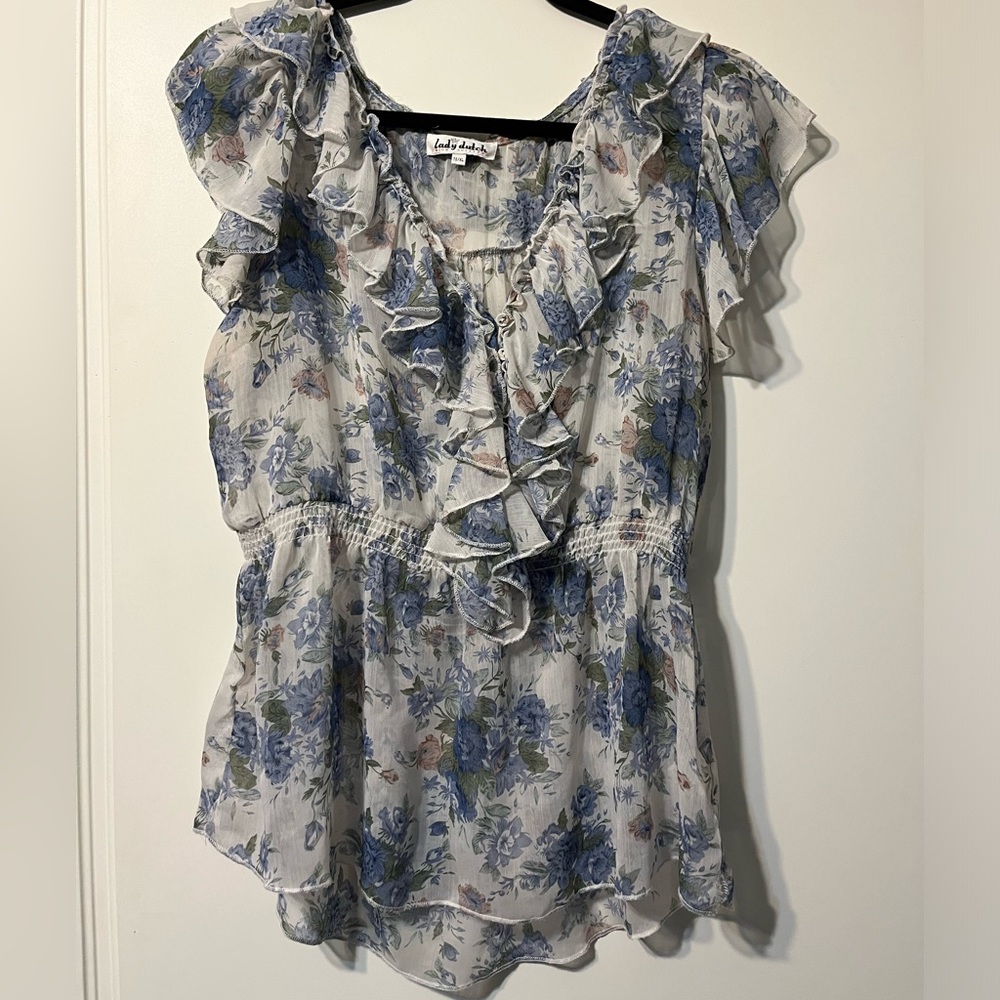 Blue floral ruffle top